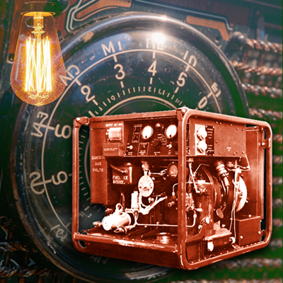 image of an electric generator, a radio, and a lightbulb.