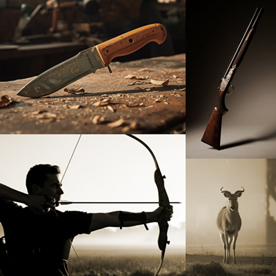 Image of a knife, a shotgun, an archer, and a deer.