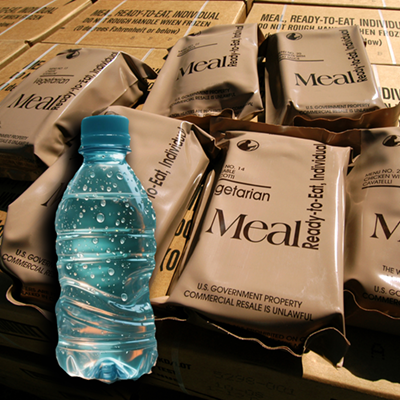 image of a water bottle on top of meals ready to eat.